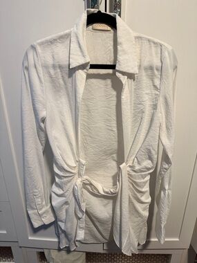 White Tie-Front Mini Dress with Collared Neck